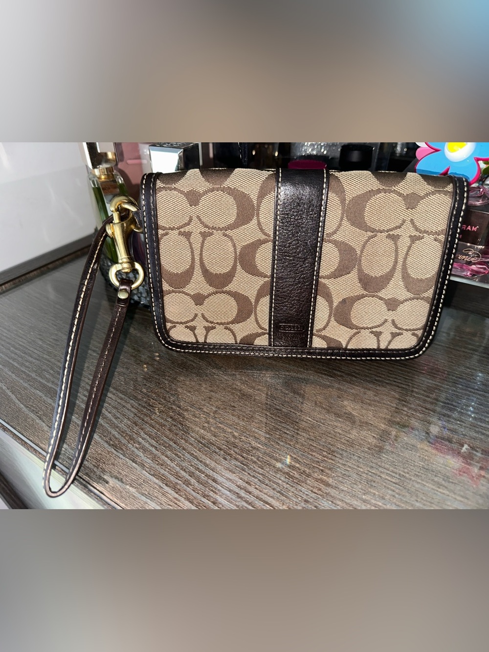 Coach Signature Canvas Wristlet in Brown and Tan